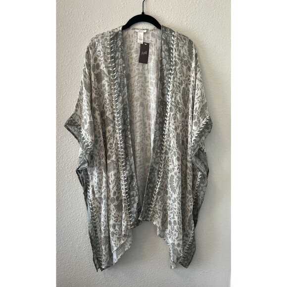 NWT J.Jill Kimono Size S-L Green Embroidered Open Cotton Blend Boho Lagenlook - Picture 1 of 13